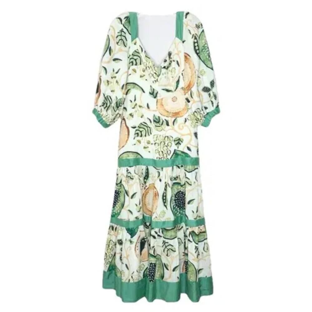 Alexis Pierah‎ Maxi Dress Womens L Jade Garden Fruit Linen Blend A-Line Resort - Picture 3 of 9
